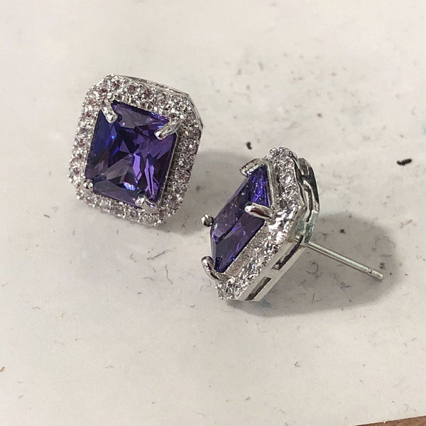 Purple Emerald-Cut CZ Double-Halo Stud Earrings