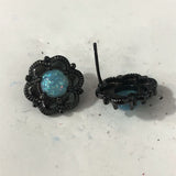 Blue Opal-Look Black Flower Stud Earrings