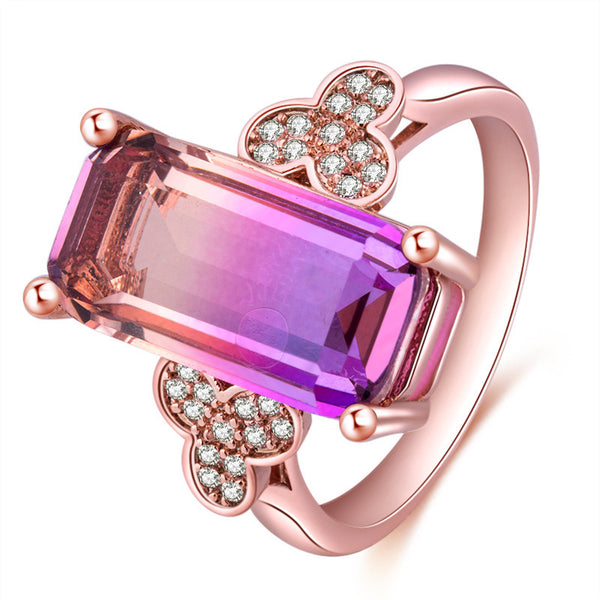 Pink-Purple Ombre Emerald-Cut CZ Rose Gold Ring