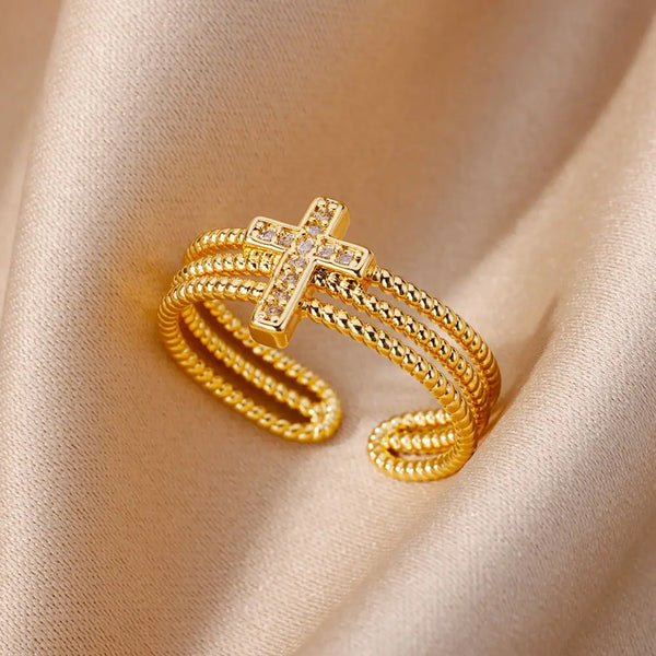 CZ Cross Triple Rope Band Open Ring