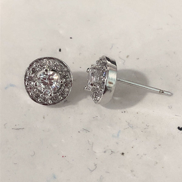 Clear Round CZ Halo Silver Stud Earrings