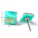 Aqua Resin Gold-Flake Square Stud Earrings