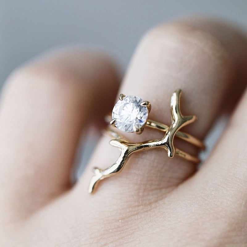 Branch Motif CZ Solitaire Open Ring