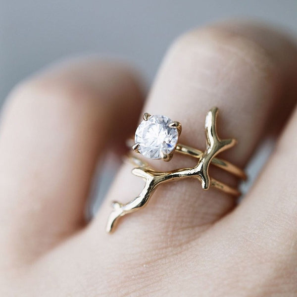 Branch Motif CZ Solitaire Open Ring