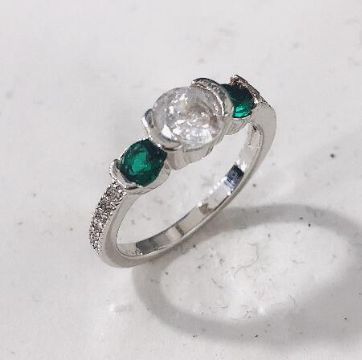 Clear and Green CZ Three-Stone Ring