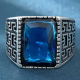 Sapphire-Blue Square Greek Key Ring