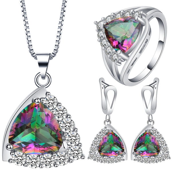 Rainbow Mystic Trillion CZ Halo Jewelry Set