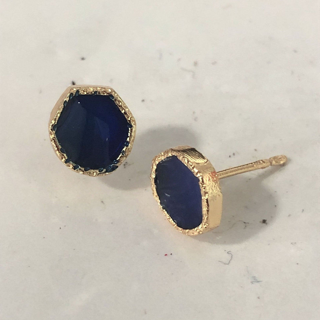 Navy Hexagon Stone Gold Stud Earrings