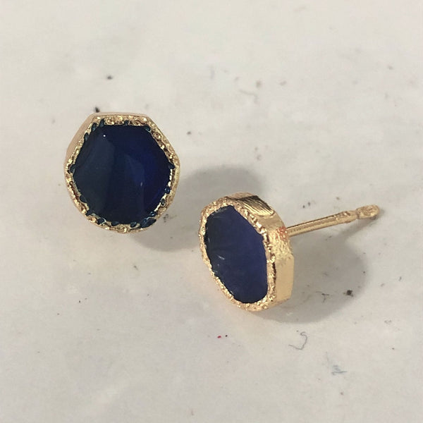 Navy Hexagon Stone Gold Stud Earrings
