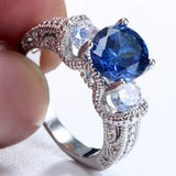 Sapphire-Blue Round CZ Three-Stone Ring