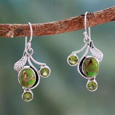Green Turquoise-Look Leaf Branch Hook Earrings