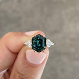 Teal Hexagon CZ Trillion Side-Stone Ring