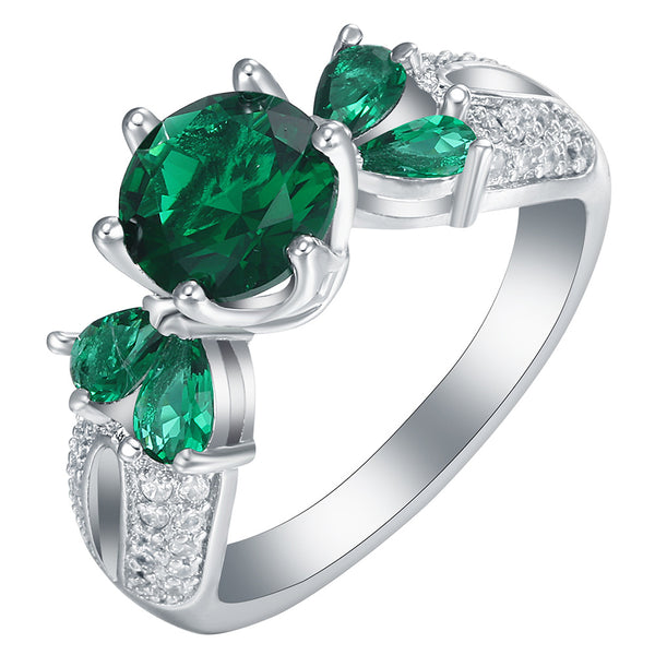 Emerald-Green Round CZ Pear Leaf Ring