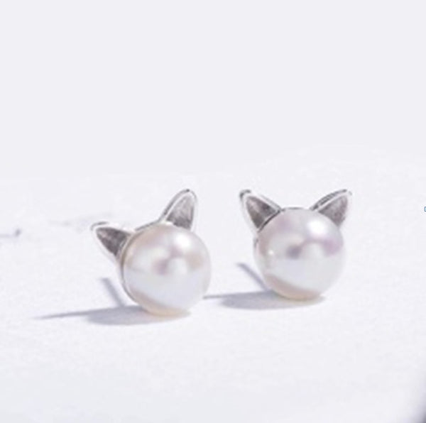 Pearl-Look Cat Ear Silver Stud Earrings