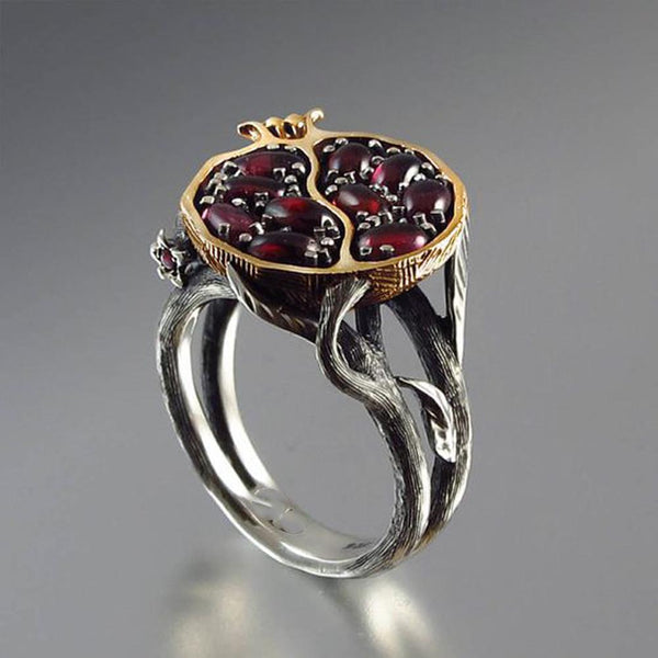 Garnet-Red Pomegranate Branch Shank Ring