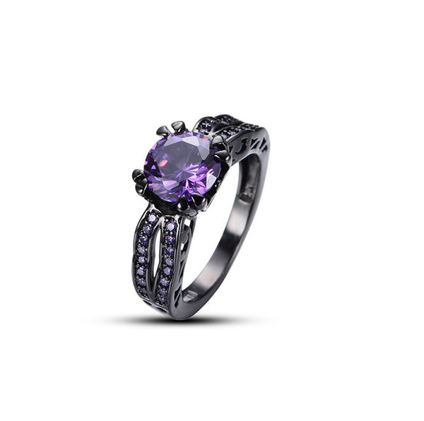 Purple Round CZ Gunmetal Solitaire Ring