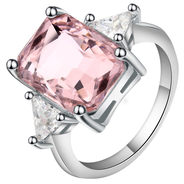 Pink Cushion CZ Trillion Side Stone Ring