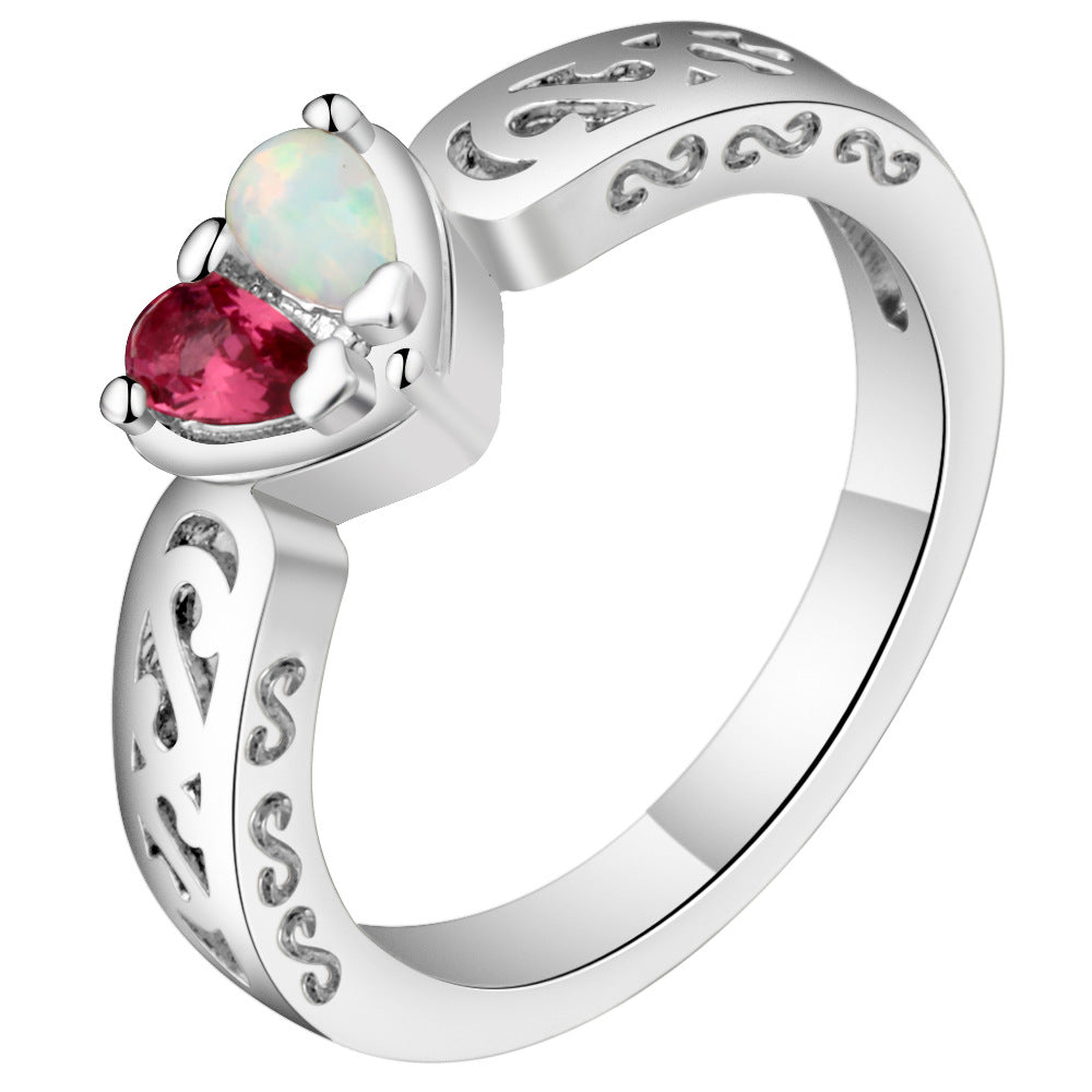 Opal-Look Heart Red CZ Filigree Band Ring