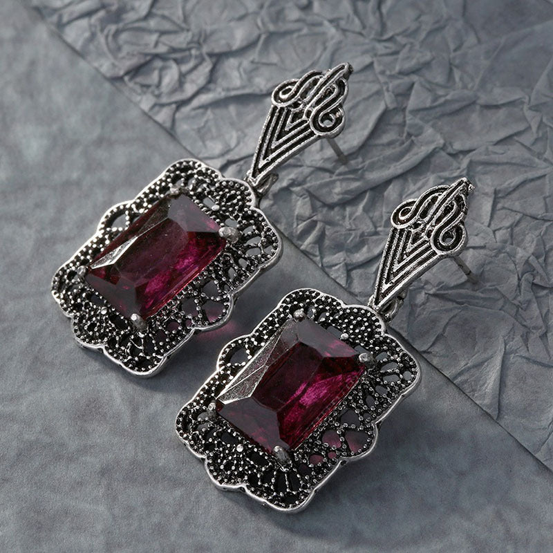 Garnet-Red Rectangle Marcasite-Look Drop Earrings
