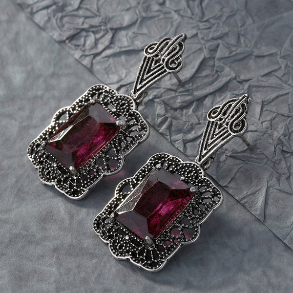 Garnet-Red Rectangle Marcasite-Look Drop Earrings
