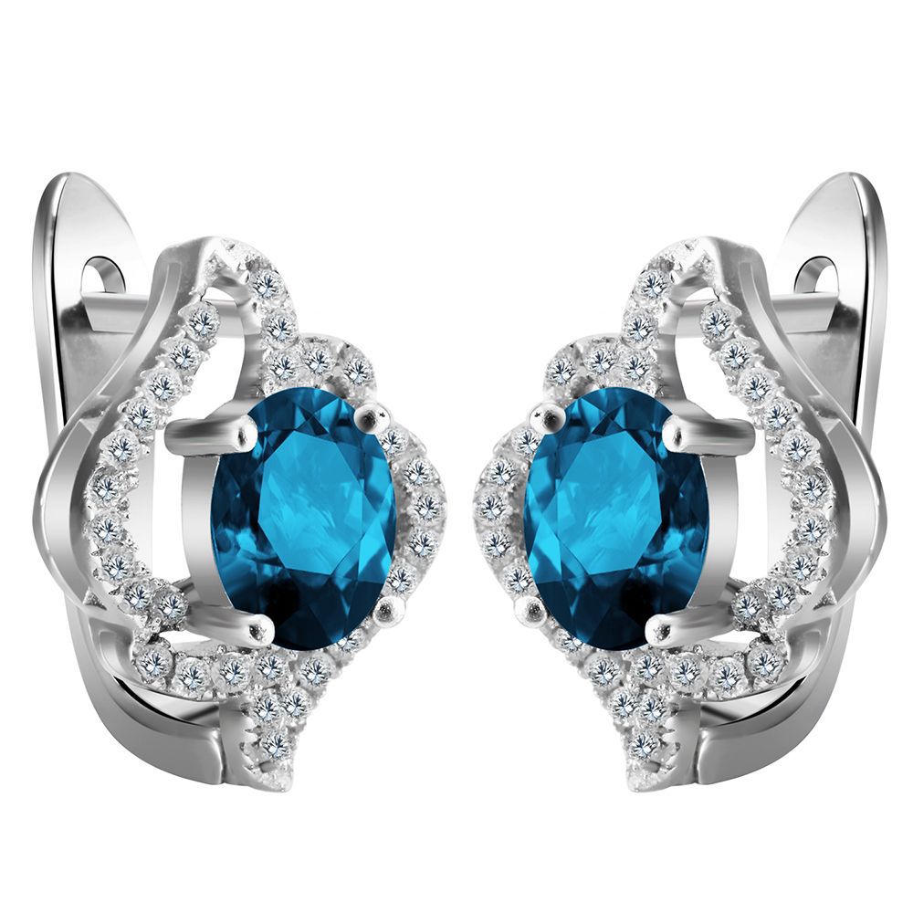 Teal-Blue Oval CZ Swirl Halo Leverback Earrings