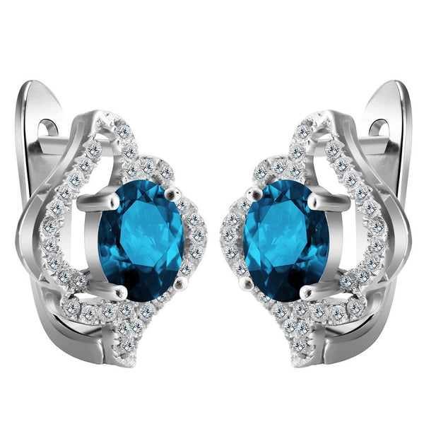 Teal-Blue Oval CZ Swirl Halo Leverback Earrings