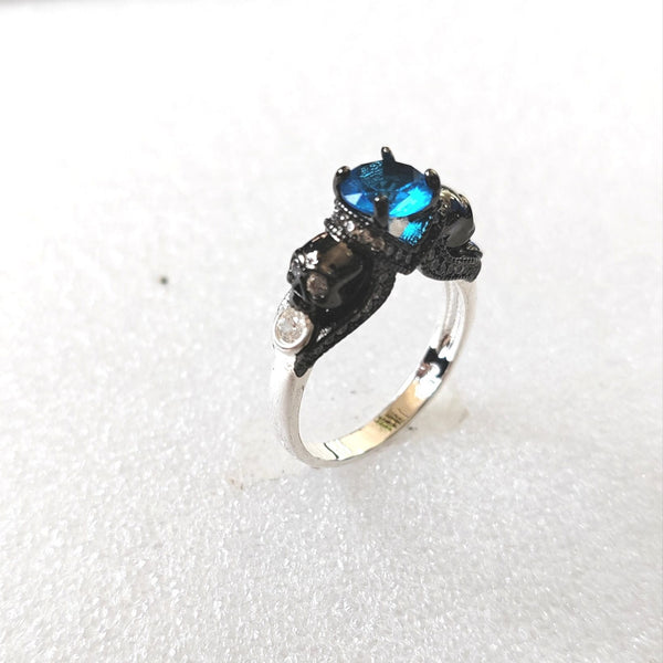 Blue CZ Skull Shoulder Two-Tone Ring