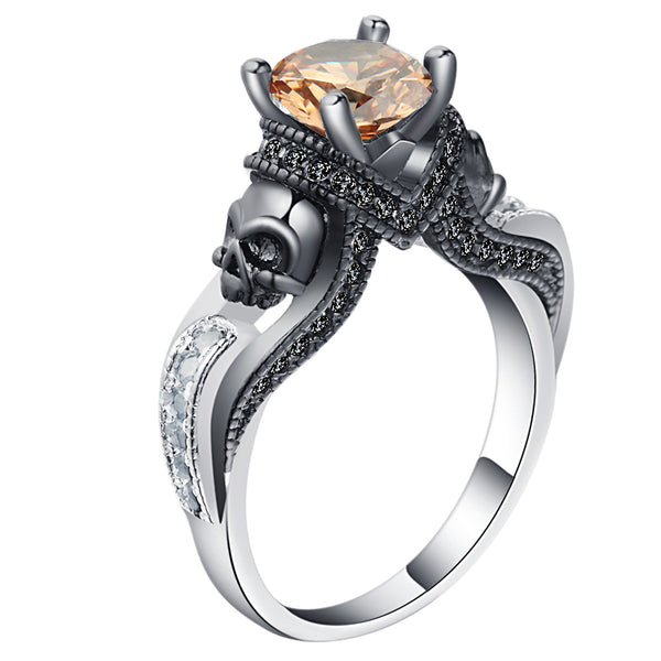 Champagne CZ Black Skull Solitaire Ring