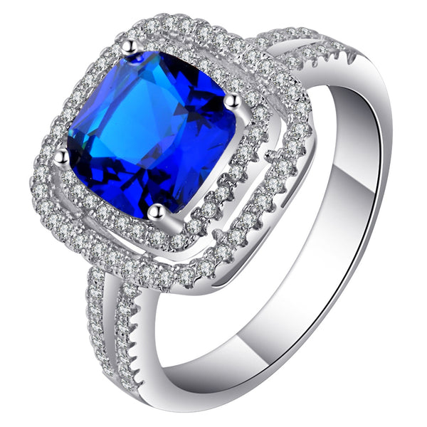 Sapphire-Blue Cushion CZ Double Halo Ring