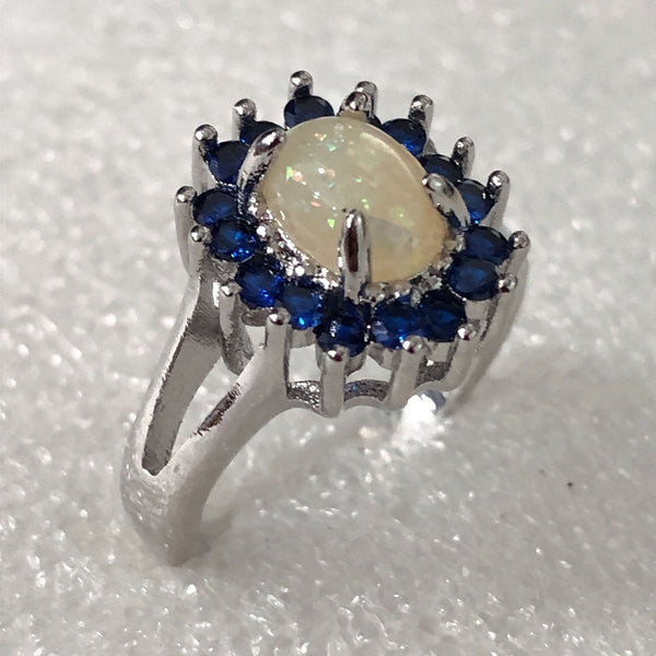 Opal-Look Oval Sapphire-Blue CZ Halo Ring