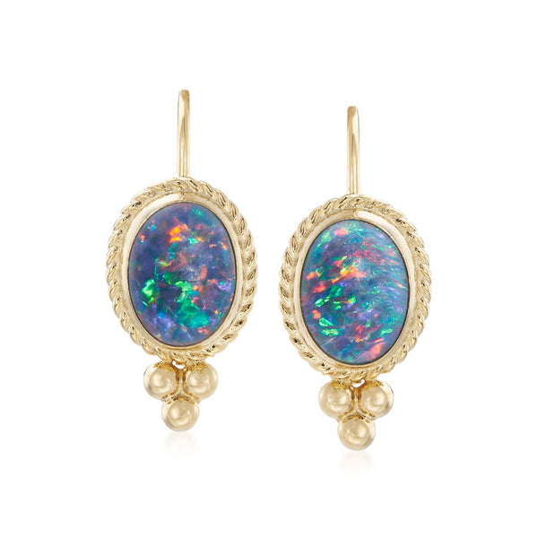 Opal-Look Oval Gold Rope Frame Hook Earrings