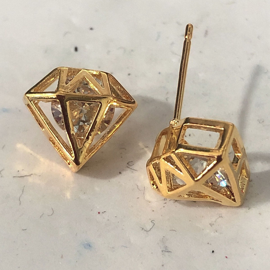 Gold Geometric Rhombus Cage Stud Earrings