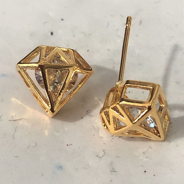 Gold Geometric Rhombus Cage Stud Earrings