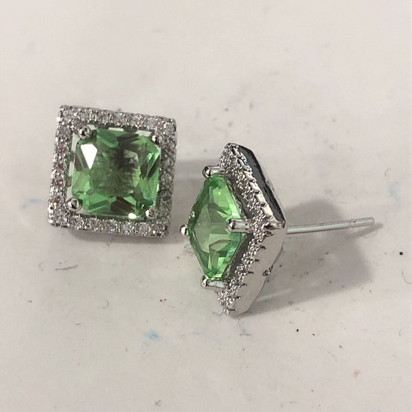 Light Green Cushion CZ Square Halo Stud Earrings