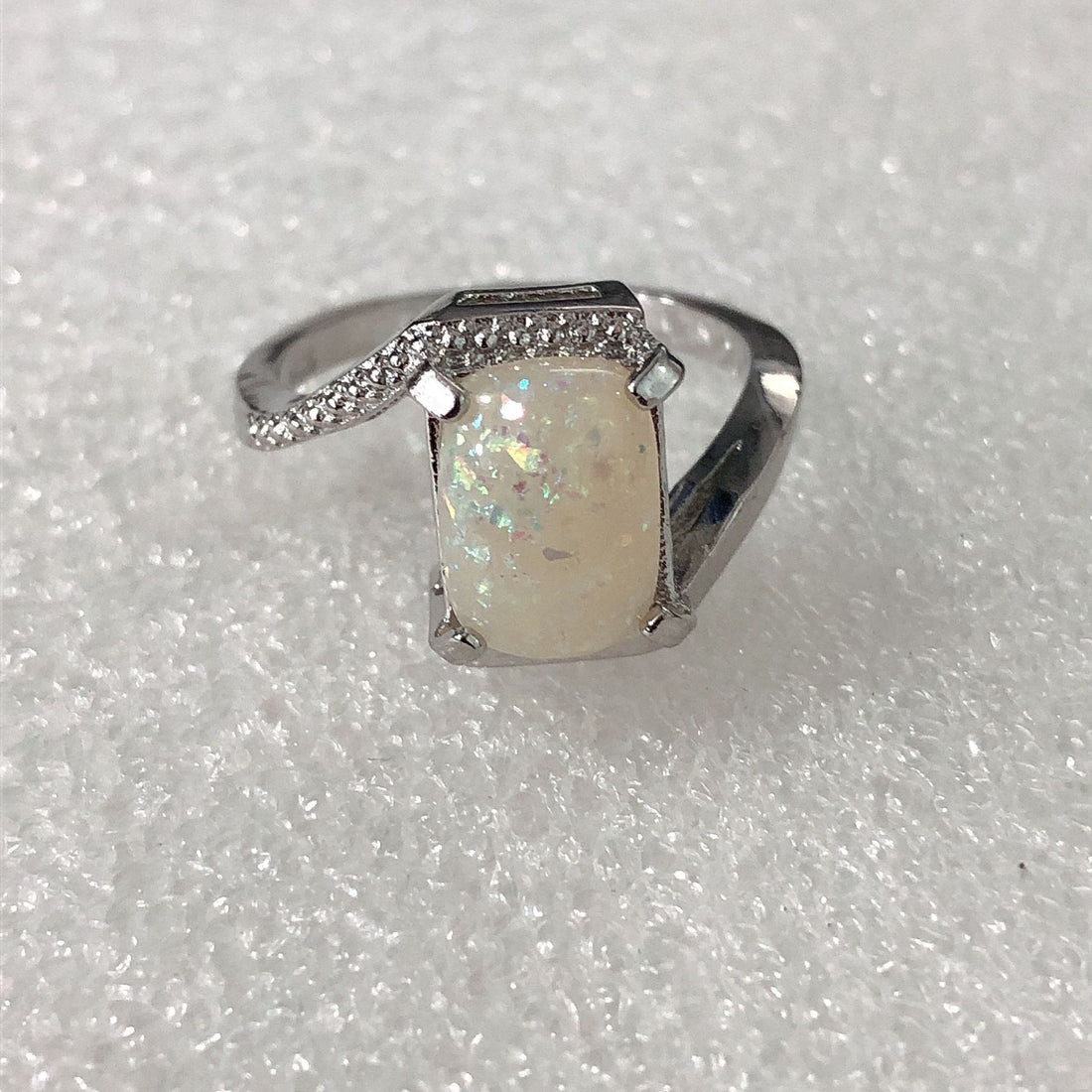 Opal-Look Rectangle Bypass Pavé Ring