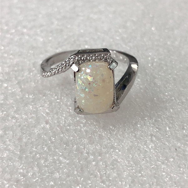 Opal-Look Rectangle Bypass Pavé Ring