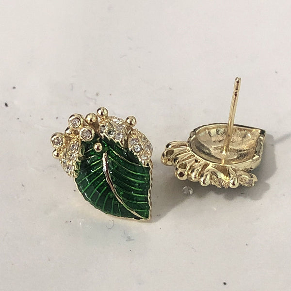 Green Enamel Leaf CZ Stud Earrings