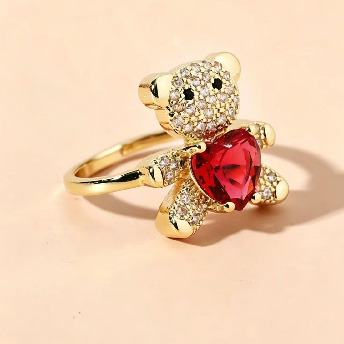 Teddy Bear Red Heart CZ Ring