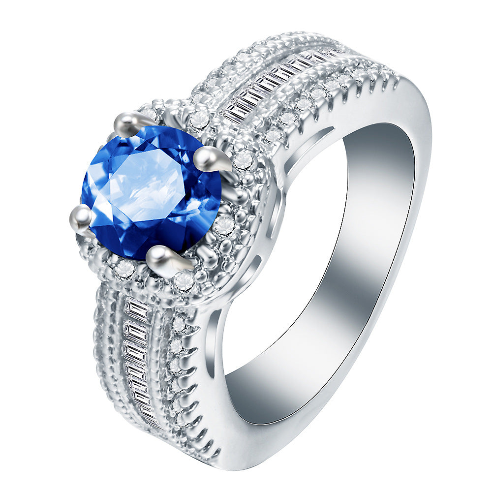 Sapphire-Blue Round CZ Baguette Band Ring