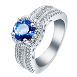 Sapphire-Blue Round CZ Baguette Band Ring