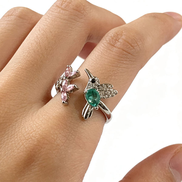 Hummingbird and Flower CZ Open Ring