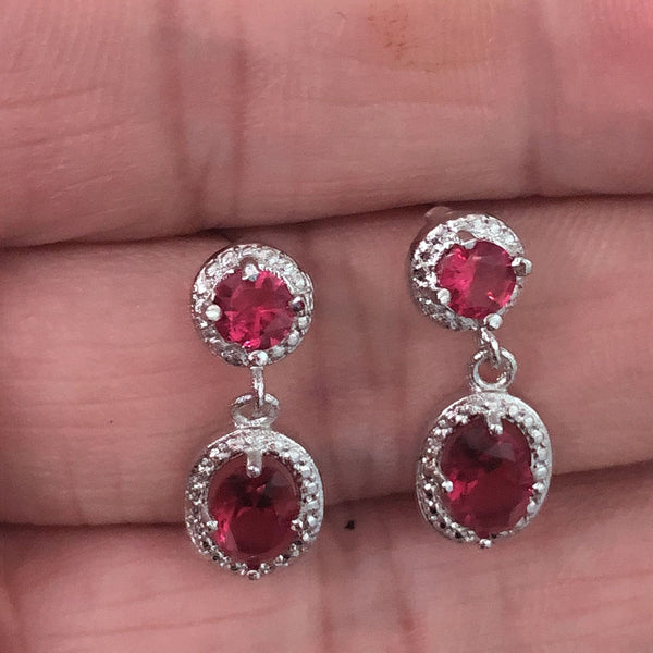 Ruby-Red Round and Oval CZ Halo Drop Earrings