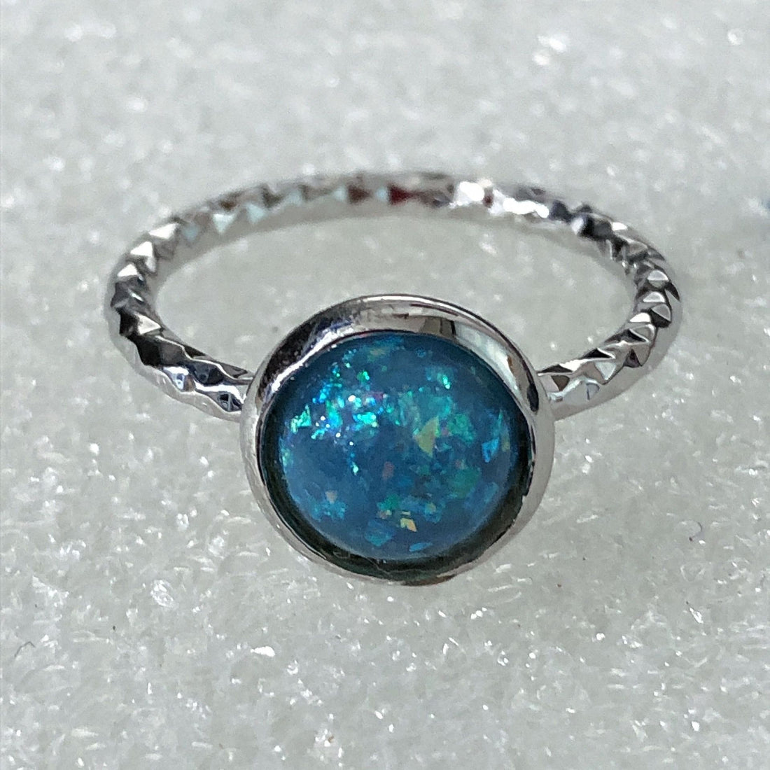 Blue Opal-Look Round Bezel Faceted Band Ring