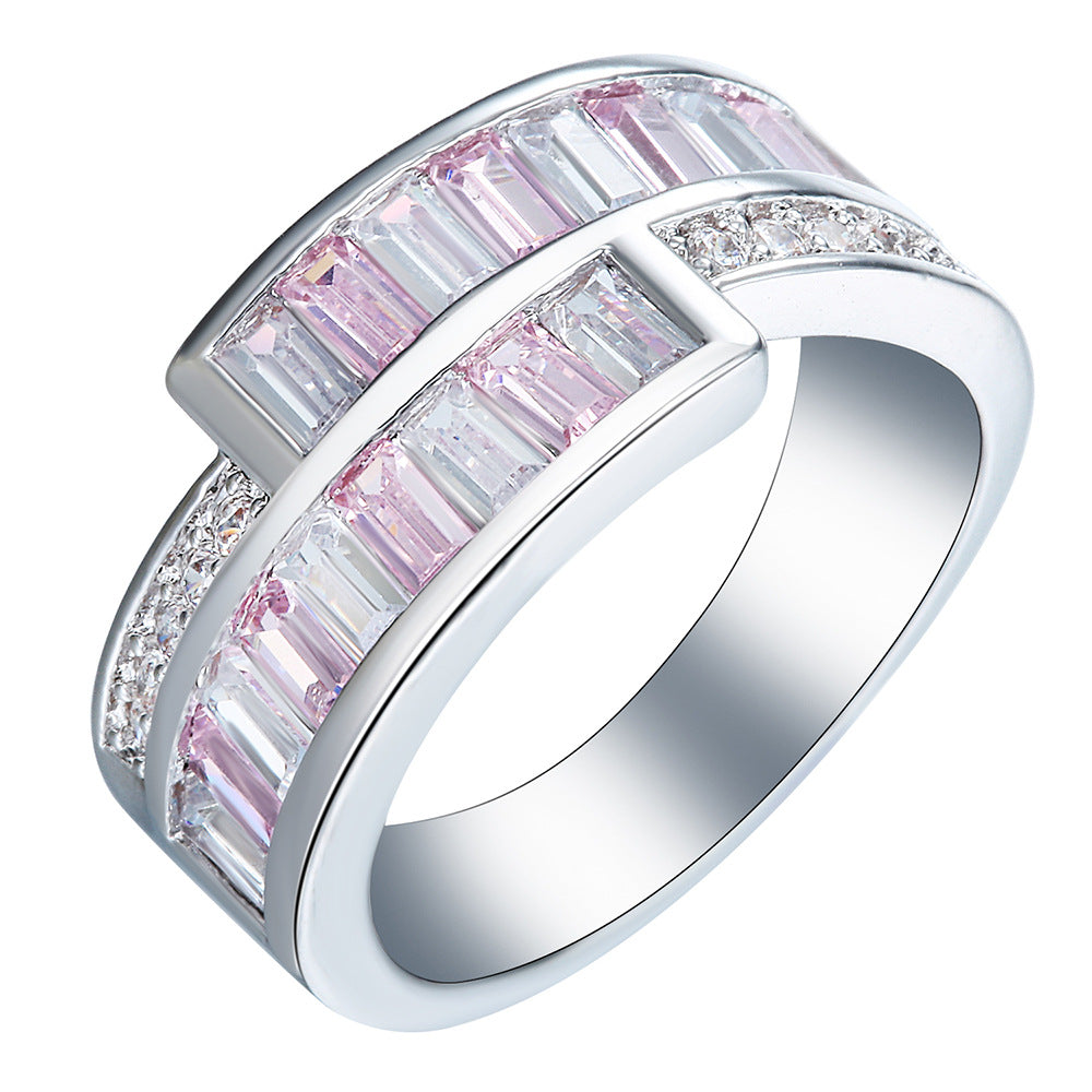 Pink Baguette CZ Open Bypass Ring
