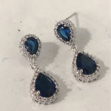 Sapphire-Blue Pear CZ Halo Drop Earrings