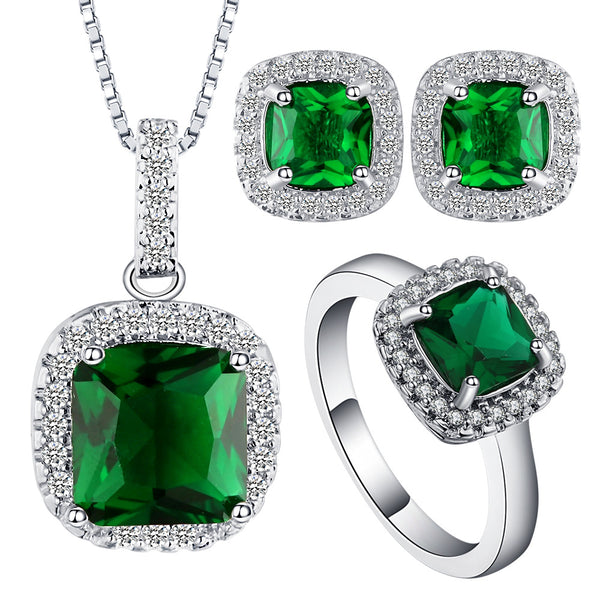 Emerald-Green Cushion CZ Halo Stud Jewelry Set