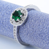 Emerald-Green Round CZ Pavé Halo Ring