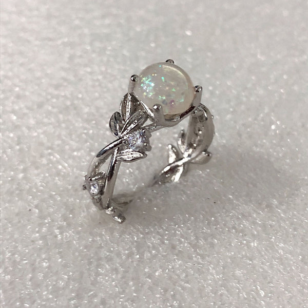 Opal-Look Round Leaf Vine Ring