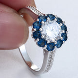 Round CZ Sapphire-Blue Flower Halo Ring
