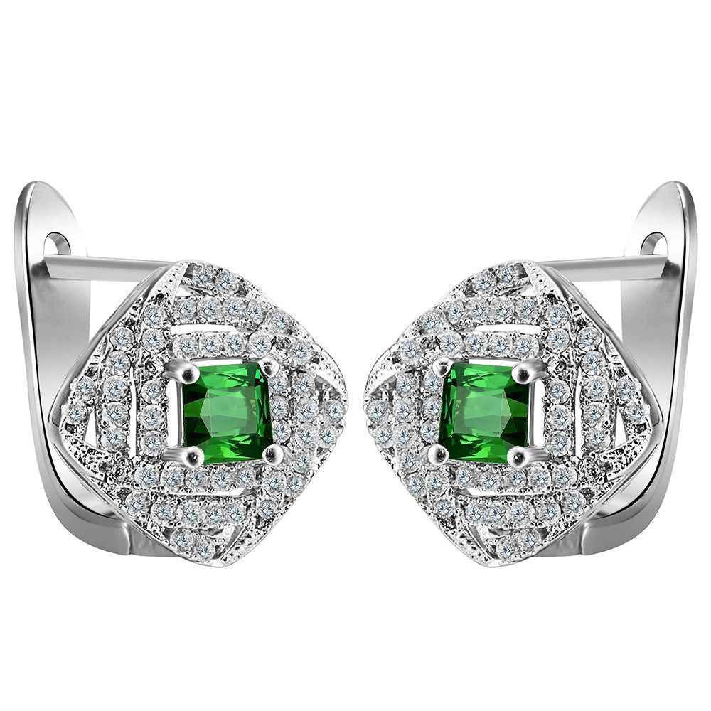 Green Square CZ Rhombus Halo Leverback Earrings